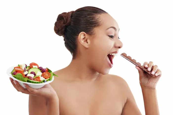 Framed Print : Happy woman, salad and chocolate with choice for diet Framed Print : Happy woman, salad and chocolate with choice for diet