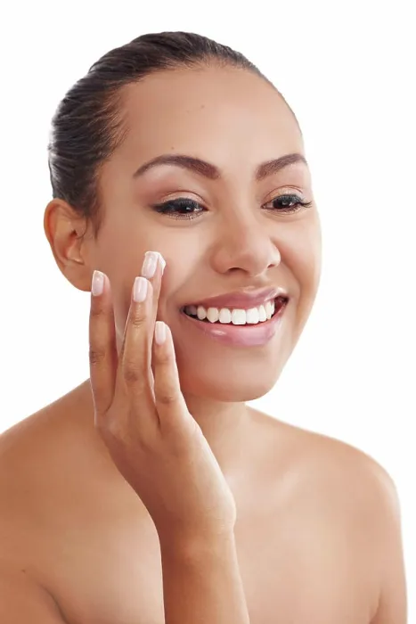 Framed Print : Happy woman, skincare and beauty with cream for facial or moisturizing on a white studio background Framed Print : Happy woman, skincare and beauty with cream for facial or moisturizing on a white studio background