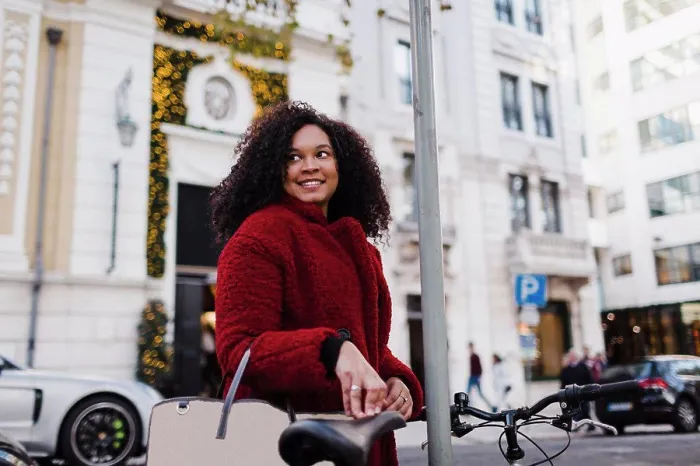 Framed Print : Happy young woman on urban street Framed Print : Happy young woman on urban street