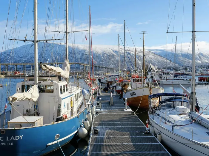 Framed Print : The harbour. Tromso or Tromsoe during winter in the northern part of Norway. Europe. Scandinavia. Norway. March