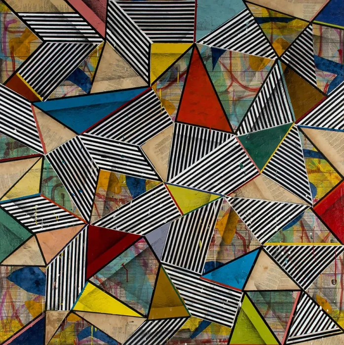 Framed Print : A hard-edge abstract composition featuring sharp lines in bold colors forming triangles that compete with black Framed Print : A hard-edge abstract composition featuring sharp lines in bold colors forming triangles that compete with black