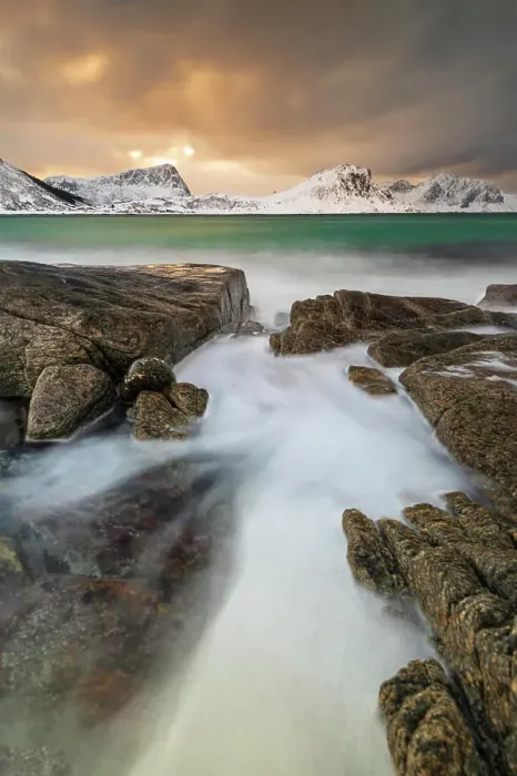 Framed Print : Haukland Beach in winter, Lofoten, Nordland, Norway, Europe