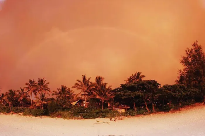 Framed Print : Hawaii, Oahu, North Shore, rainbow arching over vegetation and sandy beach at sunset, orange colored sky Framed Print : Hawaii, Oahu, North Shore, rainbow arching over vegetation and sandy beach at sunset, orange colored sky