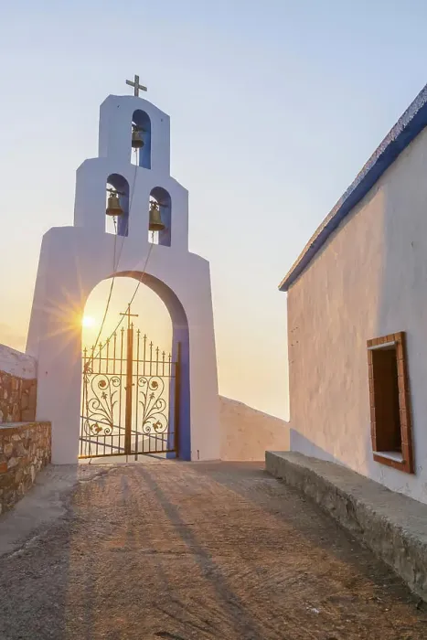 Framed Print : Hazy morning at Panagia church on Fourni island in Greece