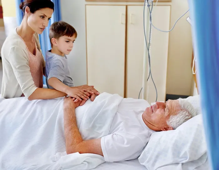 Framed Print : Healthcare, bed and senior man with family for support Framed Print : Healthcare, bed and senior man with family for support