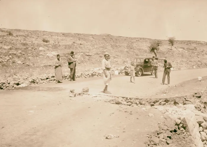 Framed Print : Hebron attack. Great boulders on the Hebron Highway placed by Arab gangs as a means toward wrecking police Framed Print : Hebron attack. Great boulders on the Hebron Highway placed by Arab gangs as a means toward wrecking police