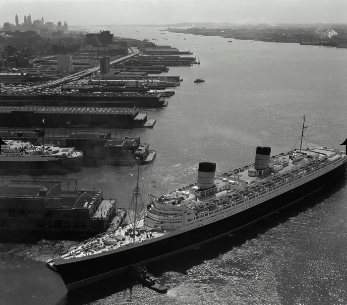 Framed Print : High angle view of a cruise ship at a harbor, RMS Queen Elizabeth II, Hudson River, New York City, New York State, USA