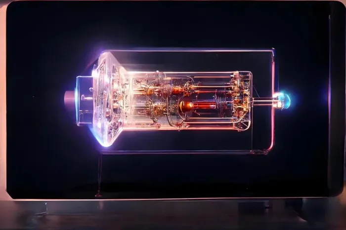 Framed Print : hight-tech plasma quantum computer tube with glowing energy inside, neural network generated art
