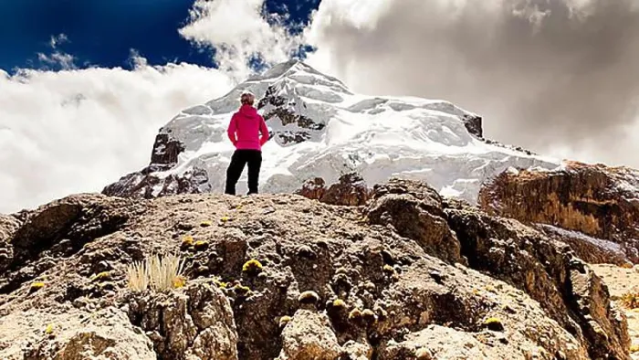 Framed Print : Hikers on Mt Nevado Cuyoc at Punta Cuyoc, Cordillera Huyhuash mountain range, Andes, Peru, South America