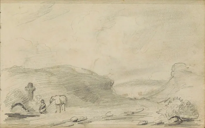 Framed Print : Hilly landscape with a kneeling figure for a cross Framed Print : Hilly landscape with a kneeling figure for a cross