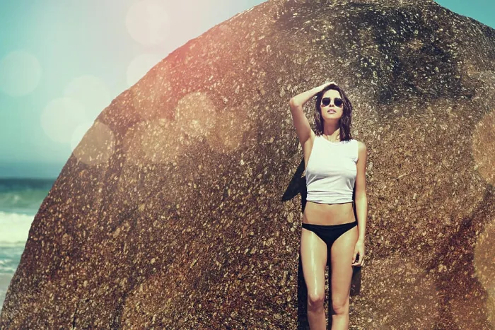 Framed Print : Holiday, confident and woman with sunglasses by rock