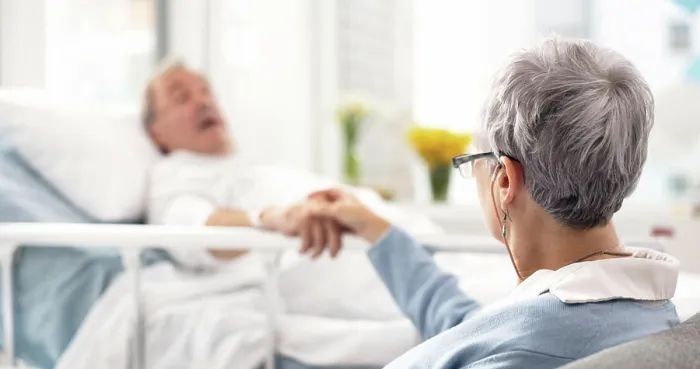 Framed Print : Hospital, bed and senior couple holding hands Framed Print : Hospital, bed and senior couple holding hands