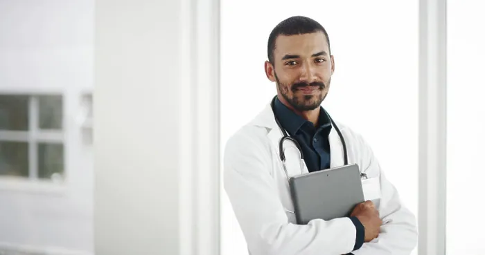Framed Print : Hospital, portrait and doctor with tablet