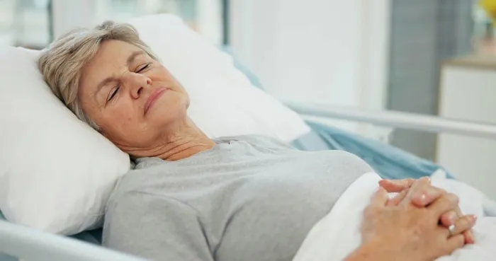 Framed Print : Hospital, sleep and senior woman in bed for recovery Framed Print : Hospital, sleep and senior woman in bed for recovery