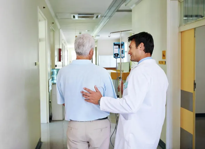 Framed Print : Hospital, walking and doctor with patient Framed Print : Hospital, walking and doctor with patient