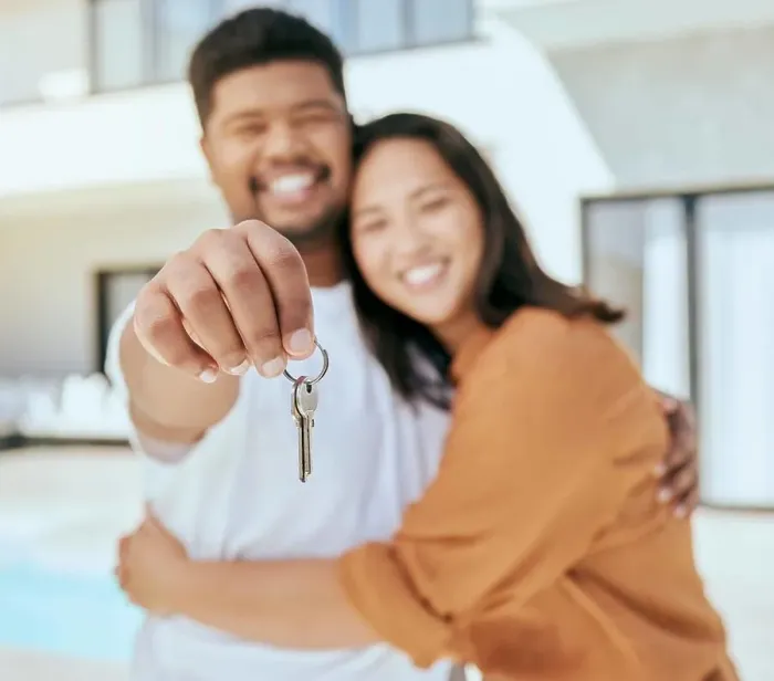 Framed Print : House keys, new home and couple real estate property for sale