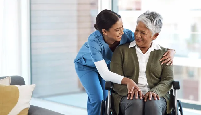 Framed Print : Hug, nurse with senior woman in wheelchair and talking for support Framed Print : Hug, nurse with senior woman in wheelchair and talking for support