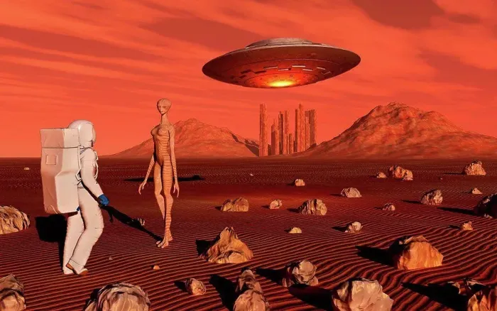 Framed Print : A human astronaut making contact with a reptoid alien on the surface of Mars Framed Print : A human astronaut making contact with a reptoid alien on the surface of Mars