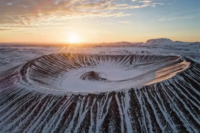 Framed Print : Hverfjall volcano crater from aerial view at sunrise Framed Print : Hverfjall volcano crater from aerial view at sunrise