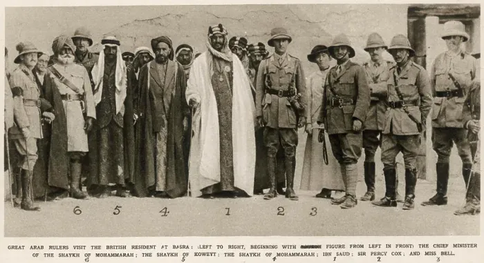 Framed Print : Ibn Saud, Sir Percy Cox, Miss Gertrude Bell Date: 1917 Framed Print : Ibn Saud, Sir Percy Cox, Miss Gertrude Bell Date: 1917