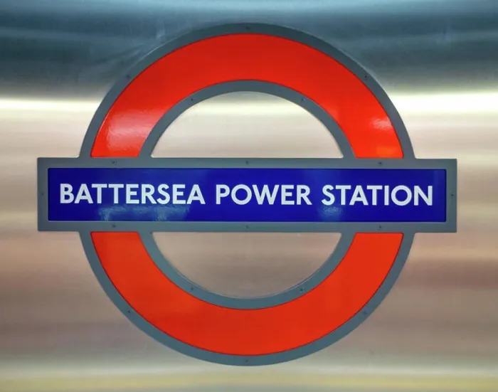 Framed Print : The iconic roundel logo for London Underground at Battersea Power Station tube station on the Northern Line in London