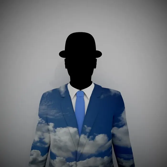 Framed Print : Illustration of a Businessman with a sky textured suit Framed Print : Illustration of a Businessman with a sky textured suit