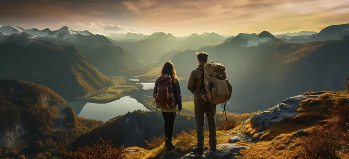 Framed Print : Image generative AI. couple standing on mountain looking landscape