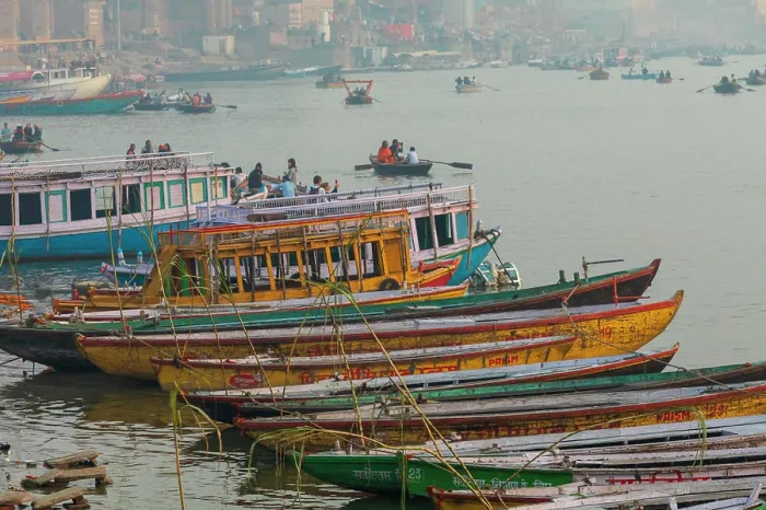 Framed Print : India, Uttar Pradesh, Varanasi. Boats moored along the banks of the Ganges River Framed Print : India, Uttar Pradesh, Varanasi. Boats moored along the banks of the Ganges River