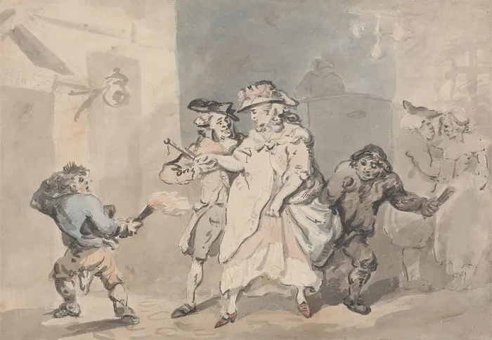 Framed Print : The Inn Door (A Man escorted by two link boys to a door to the left) Framed Print : The Inn Door (A Man escorted by two link boys to a door to the left)