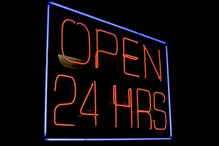 Framed Print : Inscription open 24 hrs in bright neon sign in dark in United States of America