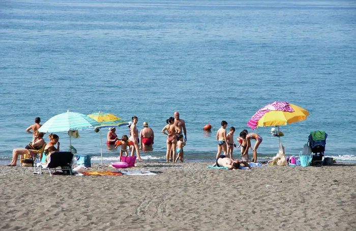 Framed Print : Italy, Campania, Amalfi Coast, Minori beach crowded with families