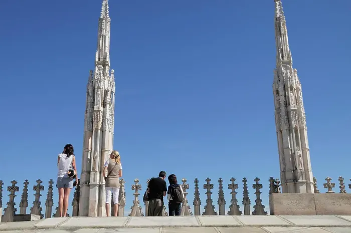 Framed Print : Italy, Lombardy, Milan, Duomo, rooftop with tourists Framed Print : Italy, Lombardy, Milan, Duomo, rooftop with tourists