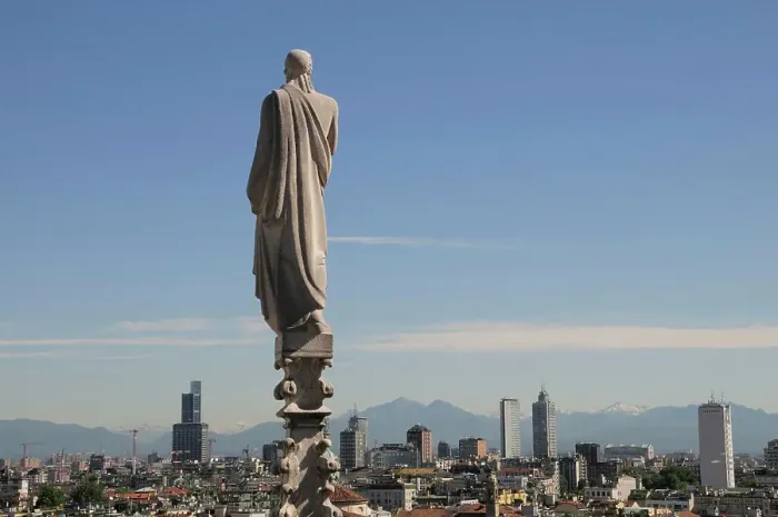 Framed Print : Italy, Lombardy, Milan, Duomo spires with statue and city views Framed Print : Italy, Lombardy, Milan, Duomo spires with statue and city views