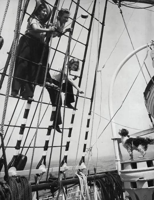 Framed Print : 'It's A Grand Life' -- Girls in the rigging Full of smiles at the end of their long sea trip the three girls beckon to Framed Print : 'It's A Grand Life' -- Girls in the rigging Full of smiles at the end of their long sea trip the three girls beckon to