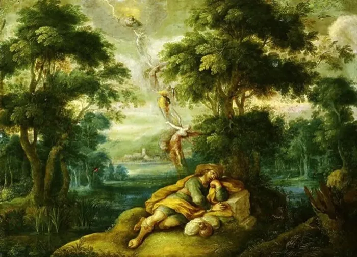 Framed Print : Jacob's Dream, a ladder reaching to heaven with angels climbing up and down Framed Print : Jacob's Dream, a ladder reaching to heaven with angels climbing up and down
