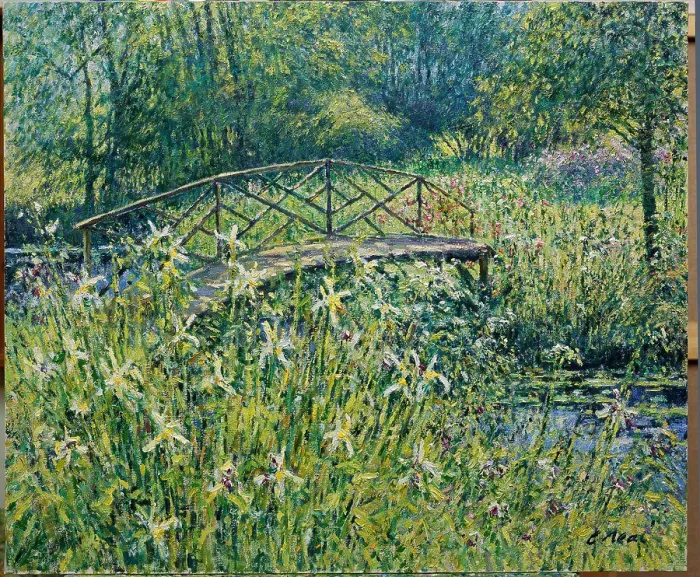 Framed Print : The Japanese Bridge with Irises, Byfleet Manor, Surrey (II) 2003 Charles Neal (b.1951 British) Oil on canvas Framed Print : The Japanese Bridge with Irises, Byfleet Manor, Surrey (II) 2003 Charles Neal (b.1951 British) Oil on canvas