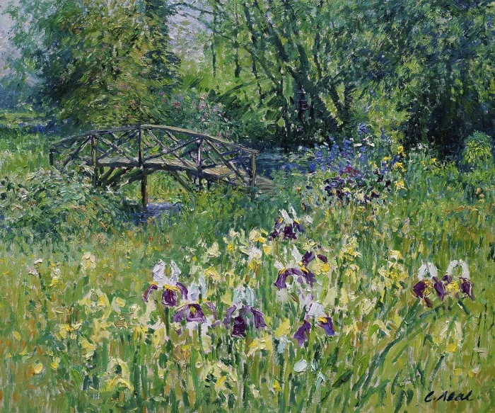Framed Print : Japanese Bridge with Irises by Fleet Manor, Surrey 1998 Charles Neal (b.1951 / British) Oil on canvas Framed Print : Japanese Bridge with Irises by Fleet Manor, Surrey 1998 Charles Neal (b.1951 / British) Oil on canvas