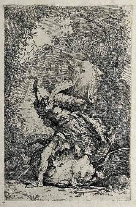 Framed Print : Jason fighting with the dragon. Etching by S. Rosa Framed Print : Jason fighting with the dragon. Etching by S. Rosa
