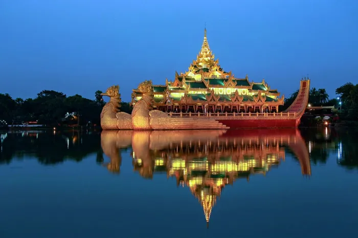 Framed Print : The Karaweik at dusk - a replica of a Burmese Royal Barge on Kandawgyi Lake in Yangon in Myanmar Framed Print : The Karaweik at dusk - a replica of a Burmese Royal Barge on Kandawgyi Lake in Yangon in Myanmar