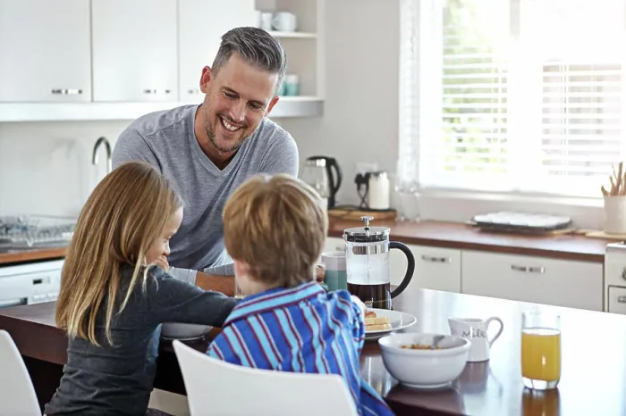 Framed Print : Kitchen counter, father and smile with kids for breakfast in home with conversation Framed Print : Kitchen counter, father and smile with kids for breakfast in home with conversation