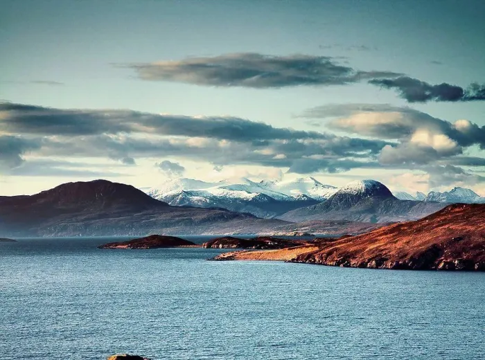 Framed Print : Lake surrounded by snow capped mountains, Assynt, Scotland Framed Print : Lake surrounded by snow capped mountains, Assynt, Scotland