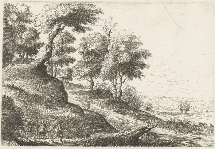 Framed Print : Landscape with two hunters and their dog Framed Print : Landscape with two hunters and their dog