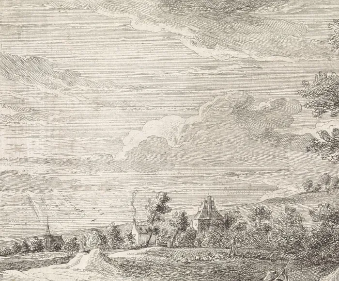 Framed Print : In a landscape, three men are having a conversation along the road