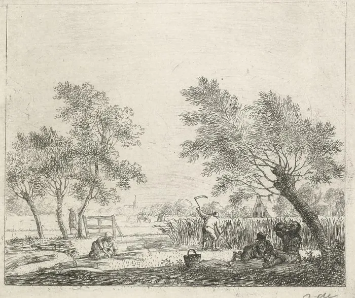 Framed Print : Landscape with peasant woman tying corn together and a farmer harvesting corn Framed Print : Landscape with peasant woman tying corn together and a farmer harvesting corn