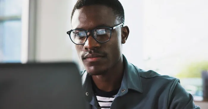 Framed Print : Laptop, glasses and reading with business black man in office for news article