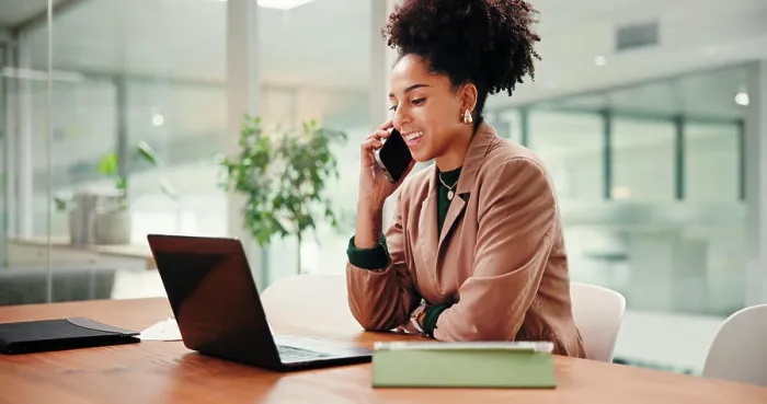 Framed Print : Laptop, phone call and smile of business woman in office for conversation