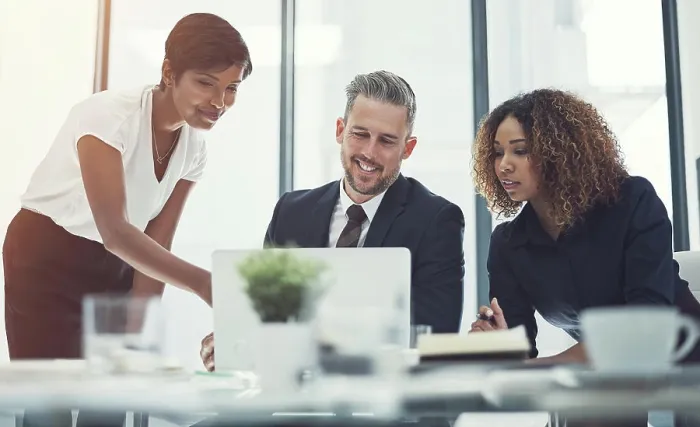 Framed Print : Laptop, review or business people in meeting with investor for feedback