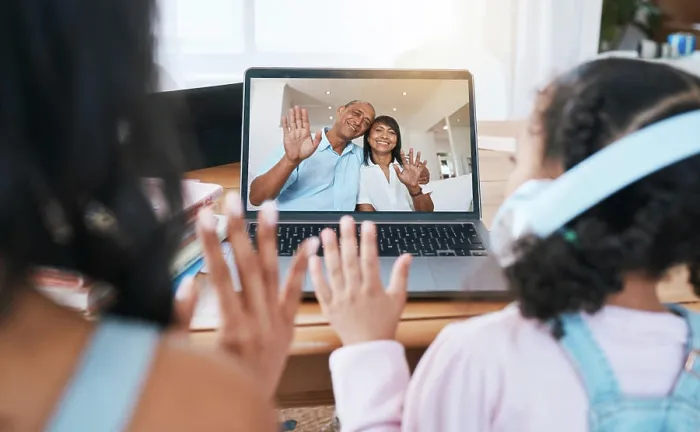Framed Print : Laptop screen, video call and family with virtual communication Framed Print : Laptop screen, video call and family with virtual communication