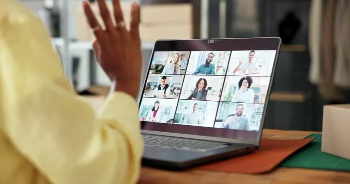 Framed Print : Laptop screen, video call and hand wave in small business for meeting or supply chain discussion