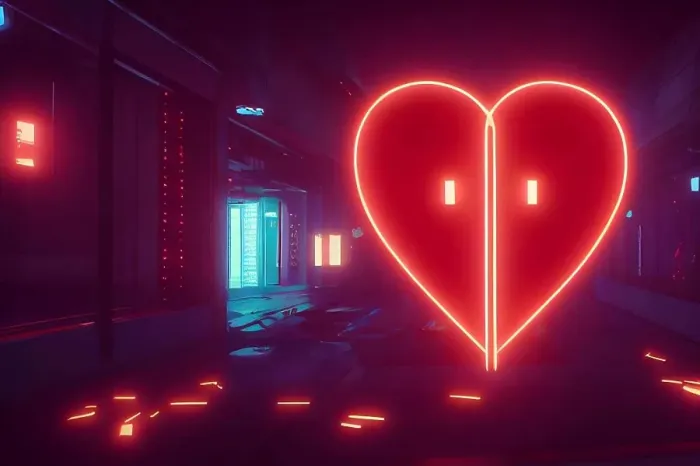Framed Print : large red glowing heart on the wall in night club with dim lights, neural network generated art Framed Print : large red glowing heart on the wall in night club with dim lights, neural network generated art